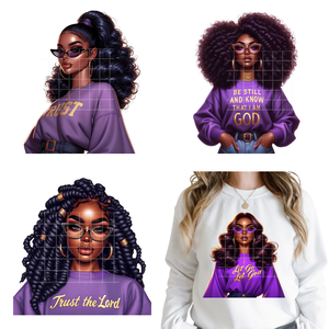 Adesivi Termotrasferibili DTF Lavabili con Citazioni Cristiane: Ragazza Nera che <span class=keywords><strong>Prega</strong></span>, Fidati di <span class=keywords><strong>Dio</strong></span>, Gesù. Pronti da Applicare su Felpe - Product Image 1