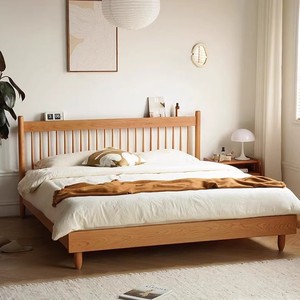 Solid Wood <b>Bed</b> 1.8m Cherry Wood Minimalist Storage Bedroom Furniture <b>Double</b> Size Nordic Style - Product Image 2