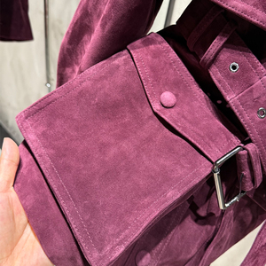 Áo khoác da đơn hàng nút, chất liệu da lộn cừu thật, màu đỏ đô, dành cho nữ - Product Image 4