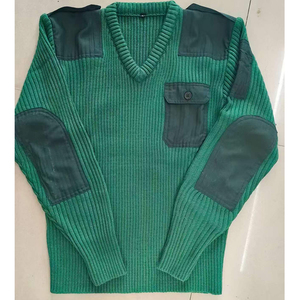 Pull en tricot à col en V DSF75 avec empiècements vert foncé et poche poitrine, style décontracté - Product Image 1