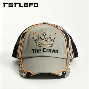 Custom Logo 6 Panel Structured Baseball <b>Cap</b> Wholesale Contrast Piping Patchwork Camo Trucker Hat <b>Flat</b> Embroidery Manufacturer - Product Image 4