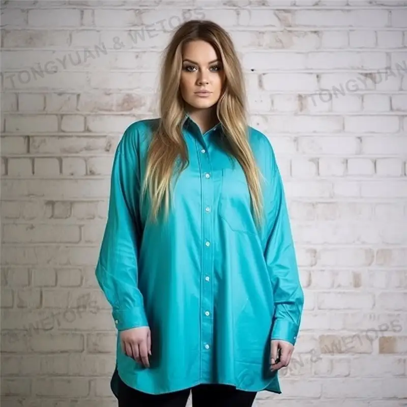 Oversized Shirt Womens Plus Size Clothing Twill Poplin Shirt Turquoise 100% Organic Cotton Button Up Women Tops Blouse