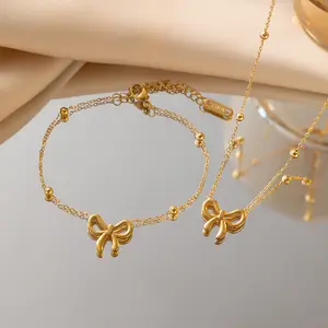 Chapado en oro arco nudo pulsera pendientes conjunto de joyería ajustable Acero inoxidable cuentas Bowknot colgante collar para mujer chica regalo