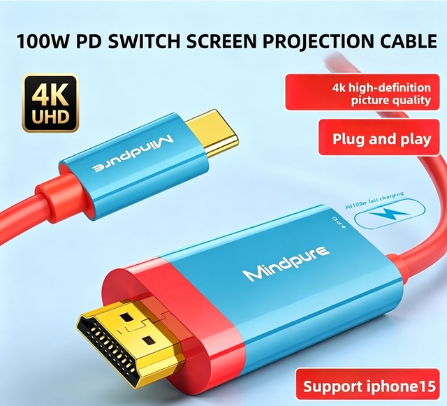 Type C to HDTV Cable 4K 60Hz 100W PD Charging for Switch iPhone 15/16 Laptop Projector Camera Screen Mirroring