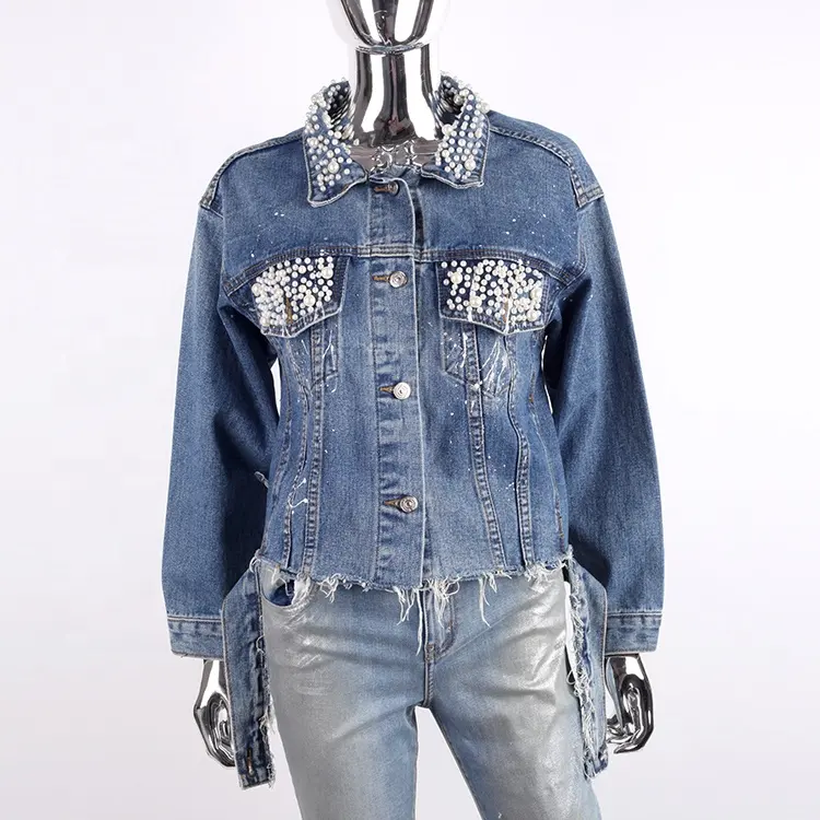 Custom embroidery designer deep blue beaded denim distressed jacket for womens