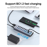 Hub USB 3.0 de 10 Puertos Mindpure, Divisor de Aluminio con Adaptador de 12V, Interruptores Individuales de Encendido/Apagado, 4 Puertos BC 1.2 de Carga Rápida, 5Gbps