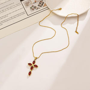 Stainless Steel <b>Necklace</b> With <b>Ruby</b> Cross Pendant 18K Gold Plated Adjustable For Gift - Product Image 3