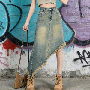 <span class=keywords><strong>Falda</strong></span> vaquera asimétrica <span class=keywords><strong>de</strong></span> mezclilla con borde irregular y flecos, estilo vintage, con abertura alta, para mujer - Product Image 2