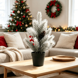 Plante artificielle en pot avec baies rouges et cônes de pin - Matériau plastique, utilisation intérieure, ornement de bureau de Noël, verdure artificielle - Product Image 3