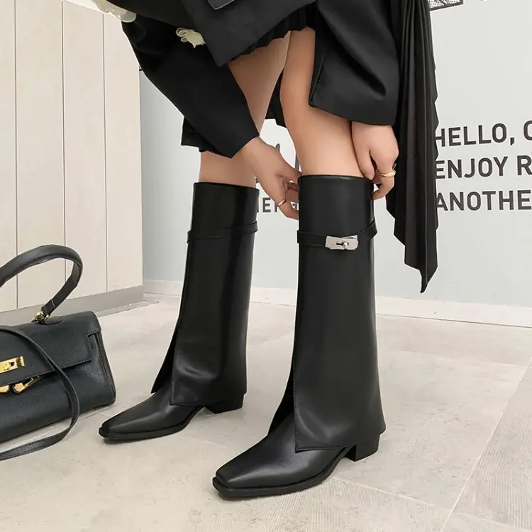 XINZI RAIN Ladies Winter Boot Black Leather Square Toe 4.5cm Block Heel Women High Knee Boots With Belt