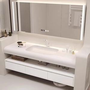 Skin-feel integrated basin arc washbasin bathroom cabinet painted light luxury cream style - Product Image 1