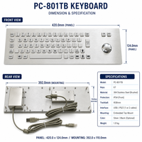 Clavier à trackball industriel en acier inoxydable étanche IP54 personnalisé PC-801TB, 67 touches USB PS/2 pour machine CNC, kiosque