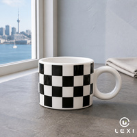 Ensemble de 3 tasses à café en céramique modernes à motif damier et pois, avec anse annulaire, noir et blanc, 400 ml, logo personnalisé, OEM, vente en gros