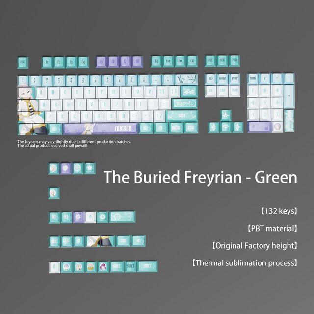 Frieren Keyboard Keycaps, PBT Material, Dye-sublimation Printing, Green English Lettering, 132 Keys.