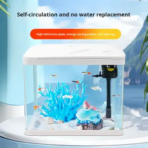 Aquarium en verre haute définition cintré à chaud, éclairage LED, circulation de l'eau, salon, petit aquarium de bureau, sans changement d'eau - Product Image 2