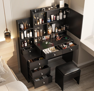 Table de maquillage moderne <span class=keywords><strong>avec</strong></span> <span class=keywords><strong>miroir</strong></span>, 6 tiroirs, étagère, prise de courant, 2 couleurs (noir/blanc) - Product Image 2
