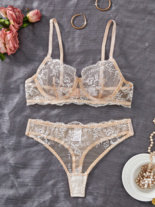 Conjunto de Lencería Femenina de Encaje Floral, Conjunto de 2 Piezas con Sujetador con Aros y Tanga de Malla Transparente, Elegante Conjunto de Ropa Interior Femenina - Product Image 2
