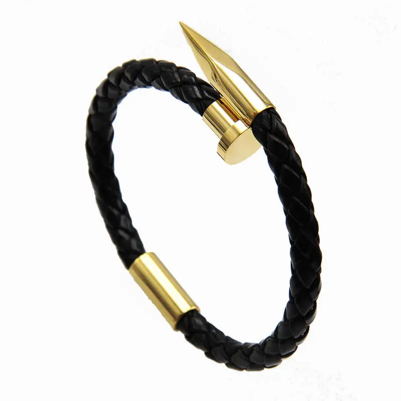 2022 New Products Genuine Real Leather Stainless Steel Charm Magnet Clasp Nail Titanium Steel Bracelet For Men