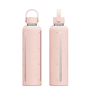 Bouteille d'eau en verre, 36 oz 32 oz, 1 litres avec marqueur de temps, manches en plastique, pour la gymnastique, le sport, Fitness