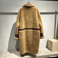 Manteau mi-mollet en peau de mouton pour femme, automne-hiver, camel, avec revers en cuir contrastant, double boutonnage, style décontracté, long blazer