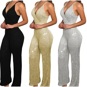 CL-1006 Vải Đính Kim Sa Tay Áo Một Vai Quần Dài Jumpsuit Thanh Lịch Phụ Nữ Mùa Thu Mới Nhất Giản Dị Hai Mảnh Phù Hợp Với Cộng Với Kích Thước