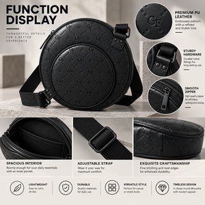 Fournisseur en gros de sacs messagers ronds pour hommes, sac à bandoulière en cuir PU noir gaufré, conception personnalisée OEM, logo - Product Image 4