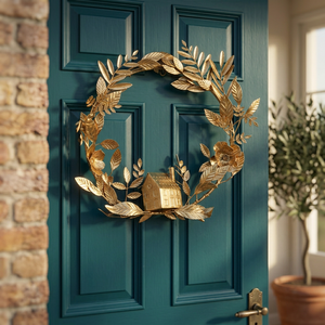 Corona Metálica Dorada con Adorno de Casa, Flores Decorativas Redondas, Hecha a Mano, Estilo Clásico, Corona Sin Iluminación - Product Image 2
