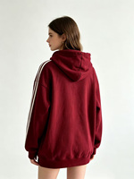 Hoodie Retro Burgundy dengan Ritsleting, Garis Samping, Motif Pita, Model Longgar Oversize, Jaket Berkerudung, Dapat Disesuaikan, Mantel Kasual Streetwear