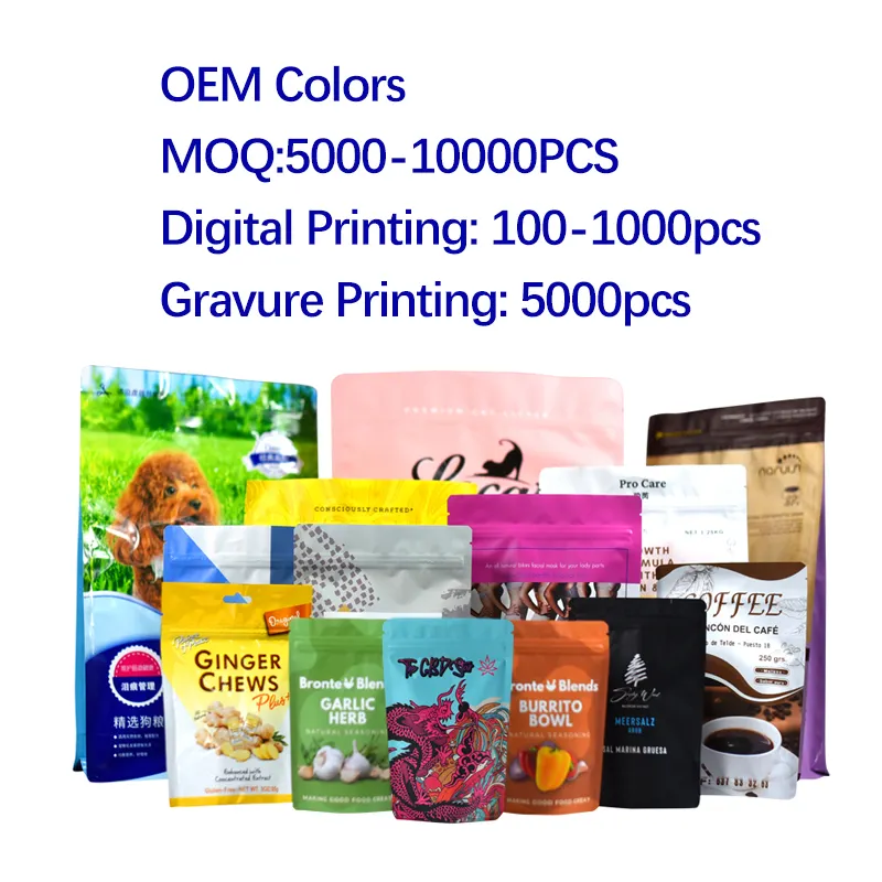 Aangepaste 500Pcs 1000Pcs Lage Moq Rits Lock Voedsel Verpakking Custom Digital Printing Stand Up Bag