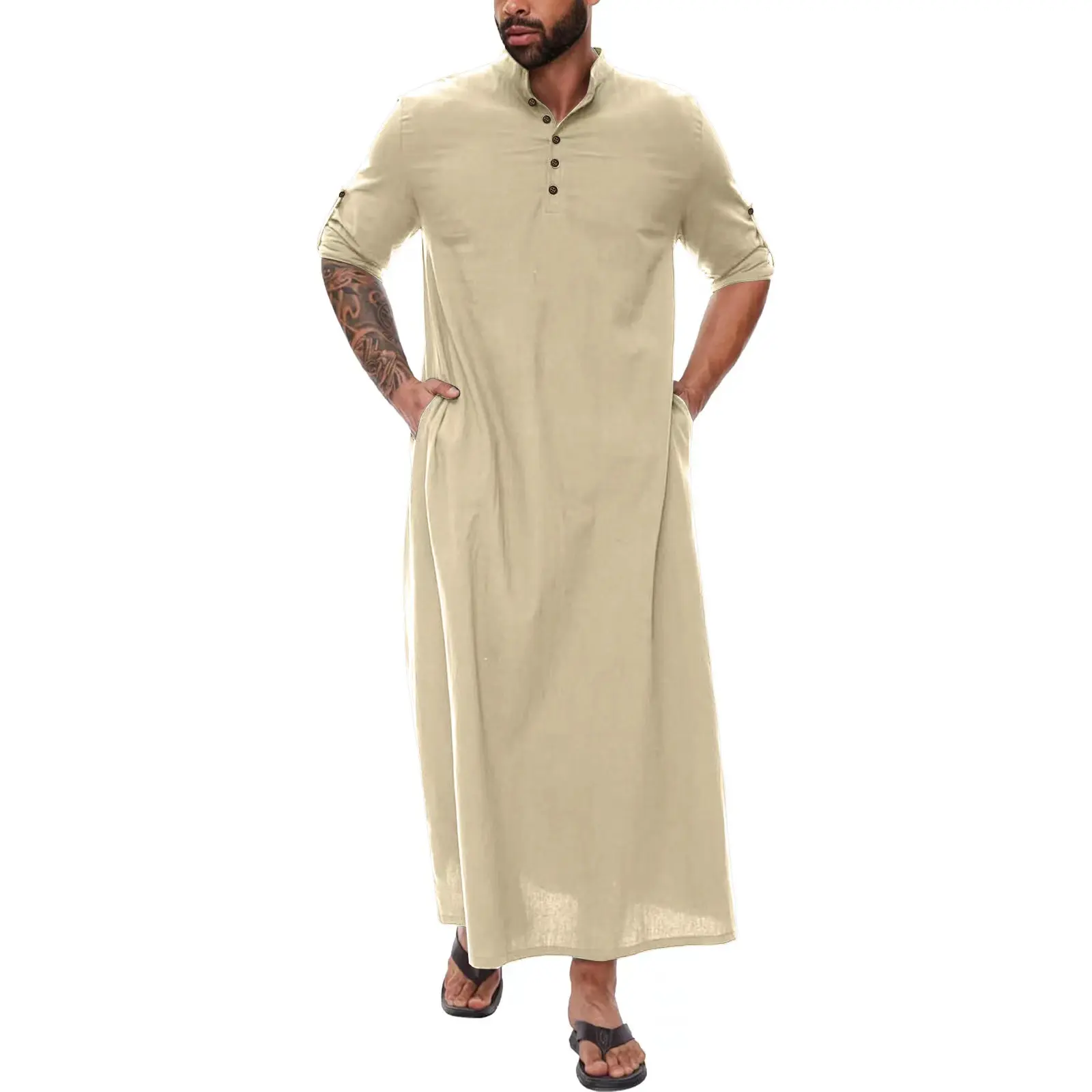 Roupas islâmicas masculinas Thawb Jubba manga longa Thobes étnicos cor sólida masculino árabe Dubai