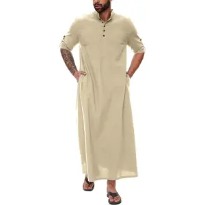 OEM Arabic Dubai Islamic abbigliamento uomo Thawb Jubba manica lunga etnico Thobes tinta unita uomo musulmano Thobe