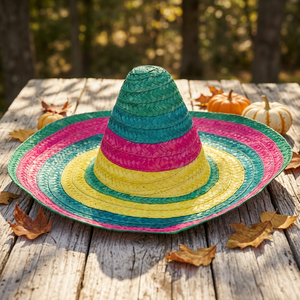 Multicolor Striped Mexican Sombrero <b>Hat</b> Bamboo Straw Fiesta <b>Hat</b> with <b>Pom</b> Poms <b>for</b> Party - Product Image 3