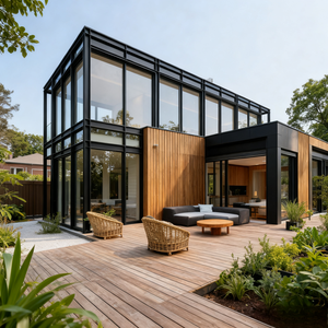 Casa Prefabbricata Moderna con Telaio Nero, Dettagli in Legno e Grandi Finestre in Vetro - Product Image 3