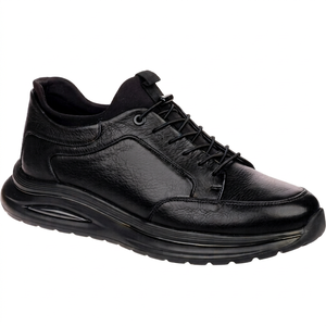 Chaussures de marche pour hommes en cuir véritable noir à lacets, bout rond, semelle intermédiaire EVA amortie, semelle extérieure en caoutchouc, style décontracté toutes saisons - Product Image 1
