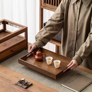 Chinese Style Minimalist Rectangular <b>Tea</b> <b>Tray</b> Black Walnut Color Handle Design For <b>Tea</b> Coffee Breakfast Serving - Product Image 3