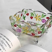 Ensemble de plats et de bols carrés en verre peint en relief de haute qualité avec un design minimaliste pastoral pour les collations et les fruits secs