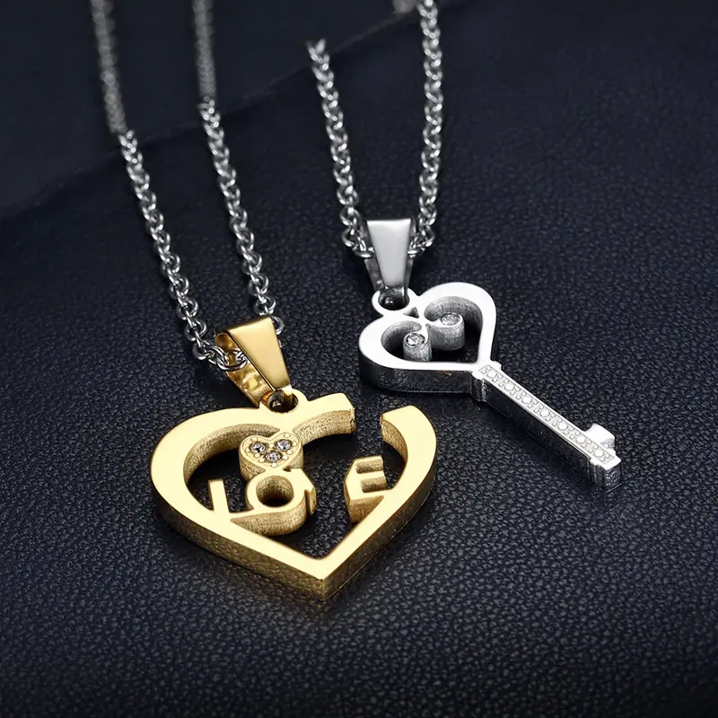 MECYLIFE Fashion Pendant Love Puzzle Key Couple Jewelry Heart Lock Bracelet Key Set Necklace