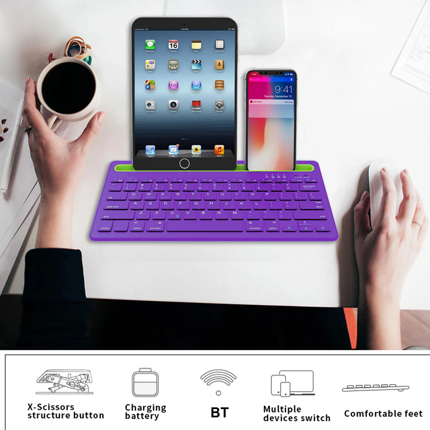 84 tasti di scelta rapida carina Ultra sottile ufficio viola Bt Standard Mini tastiera Wireless per Ipad Pro 11