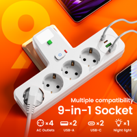 Multiprise ODM/OEM EU 9-en-1 Schuko avec 4 prises CA, 2 USB-A, 2 USB-C, veilleuse et protection contre les surcharges et les surtensions pour salon