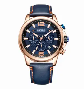 جديد من المصنع ساعة يد MEGIR 2156 فاخرة من الجلد الأزرق ساعات كوارتز رجالية رياضية مقاومة للماء ساعة رجالي هدية بشعار مخصص