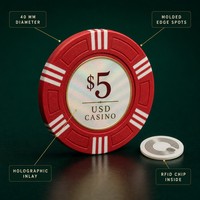 Jetons de poker RFID personnalisés 40 mm en composite d'argile ABS, avec dénomination en dollars américains, pour salles de poker de casino et fournitures de jeu.