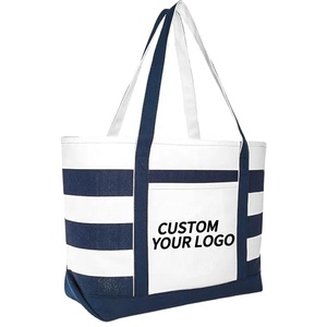 Custom Logo Stripe Pattern Zipper <b>Large</b> Cotton Canvas Tote <b>Bag</b> for Women Shopping Laptop Office Wedding Gift Promotion - Product Image 2