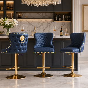 Tabouret de <span class=keywords><strong>Bar</strong></span> Haut de Gamme à Tête de Lion Capitonnée en Velours et Cuir avec Clous, Base Métallique <span class=keywords><strong>Pivotante</strong></span> Or et Argent, Idéal pour <span class=keywords><strong>Table</strong></span> de <span class=keywords><strong>Bar</strong></span> avec Dossier - Product Image 1