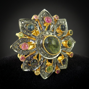 Art Palace Women's Flower Cocktail Ring 18K Gold Plated Moss Agate Natural Stone Bohemia Style Festive Party Jewelry - Product Image 1