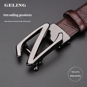 أحزمة من جلد البقر الأصلي للرجال ، إبزيم أوتوماتيكي متين من السبائك ، سروال بتصميم بنمط الأعمال بطباعة حروف وعرض أنيق - Product Image 2