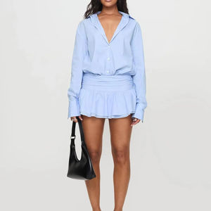 Elegante Vestido Mini Camisero Azul Claro con Rayas Finas, Manga Larga, Cuello, Cintura Fruncida y Dobladillo con Volantes - Ropa Casual de Oficina - Product Image 5