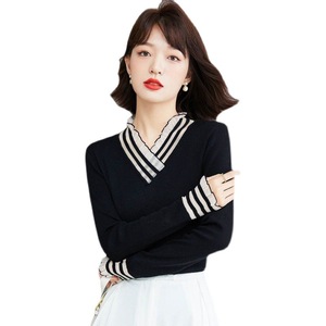 Pull pour femme, coupe ajustée, col en V, tricot fin, bordure à volants, vêtements d'automne et d'hiver - Product Image 5