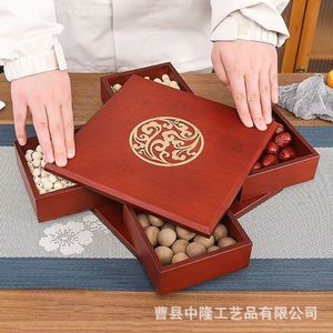 Caja giratoria de madera para frutos secos, rectangular roja, estilo chino nuevo, almacenamiento multifuncional para sala de estar, caja para dulces y alimentos. - Product Image 3
