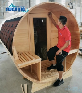 4-6 Person Canadian Pine/Hemlock/Red Cedar Outdoor Traditional Barrel <strong>Sauna</strong> with <strong>Hariva</strong> Heater - Product Image 4