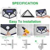 Lampe murale à détecteur de mouvement solaire, 3 modes d'éclairage, du crépuscule à l'aube, grand angle, 100 LED, pour porche, clôture, jardin